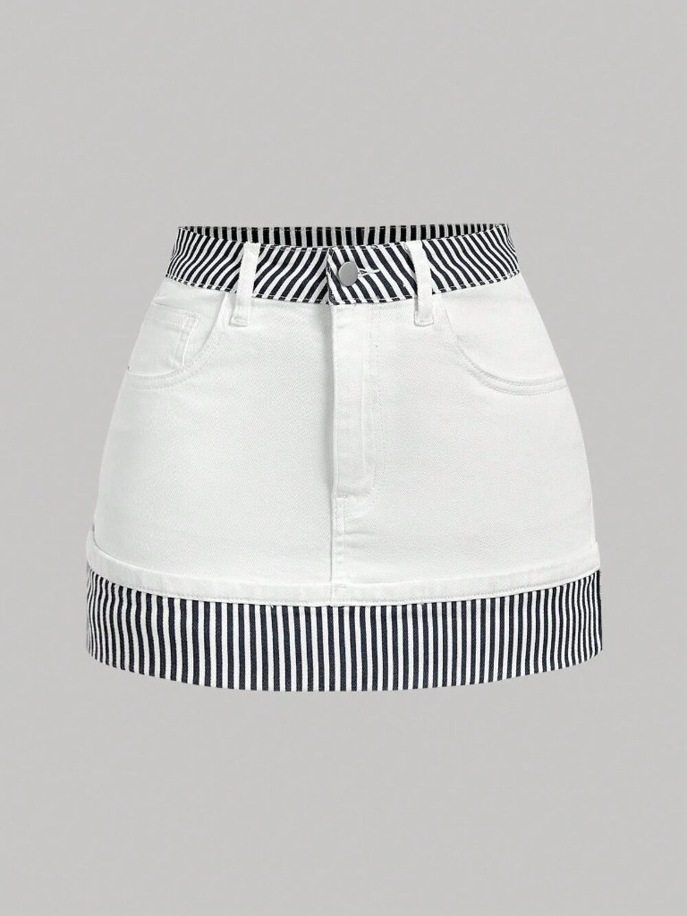 White Elegant Women's Striped Belted Denim Mini Skirt